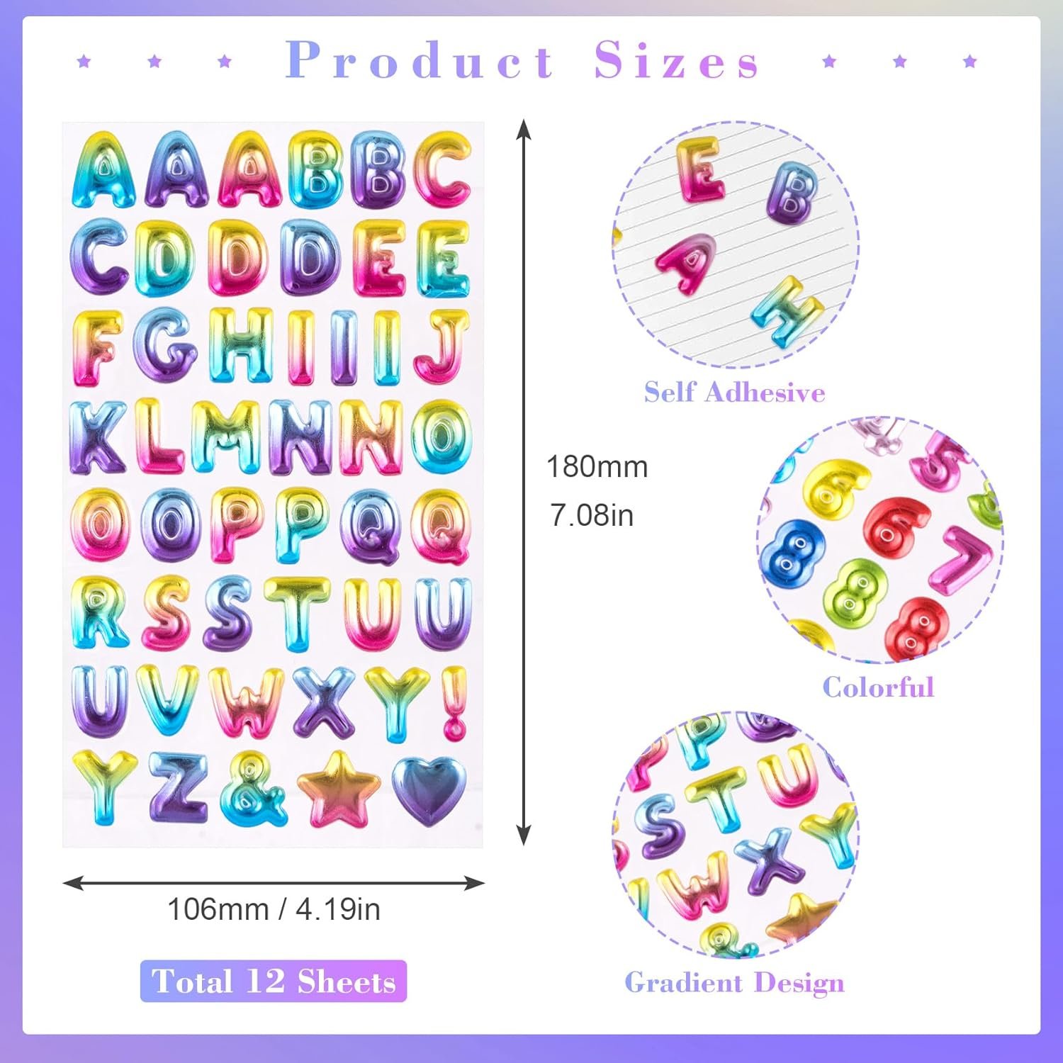 Self-Adhesive Glittering Puffy Letter & Number Stickers for Scrapbooking, 3D Colorful Epoxy Alphabet Number Stickers for DIY