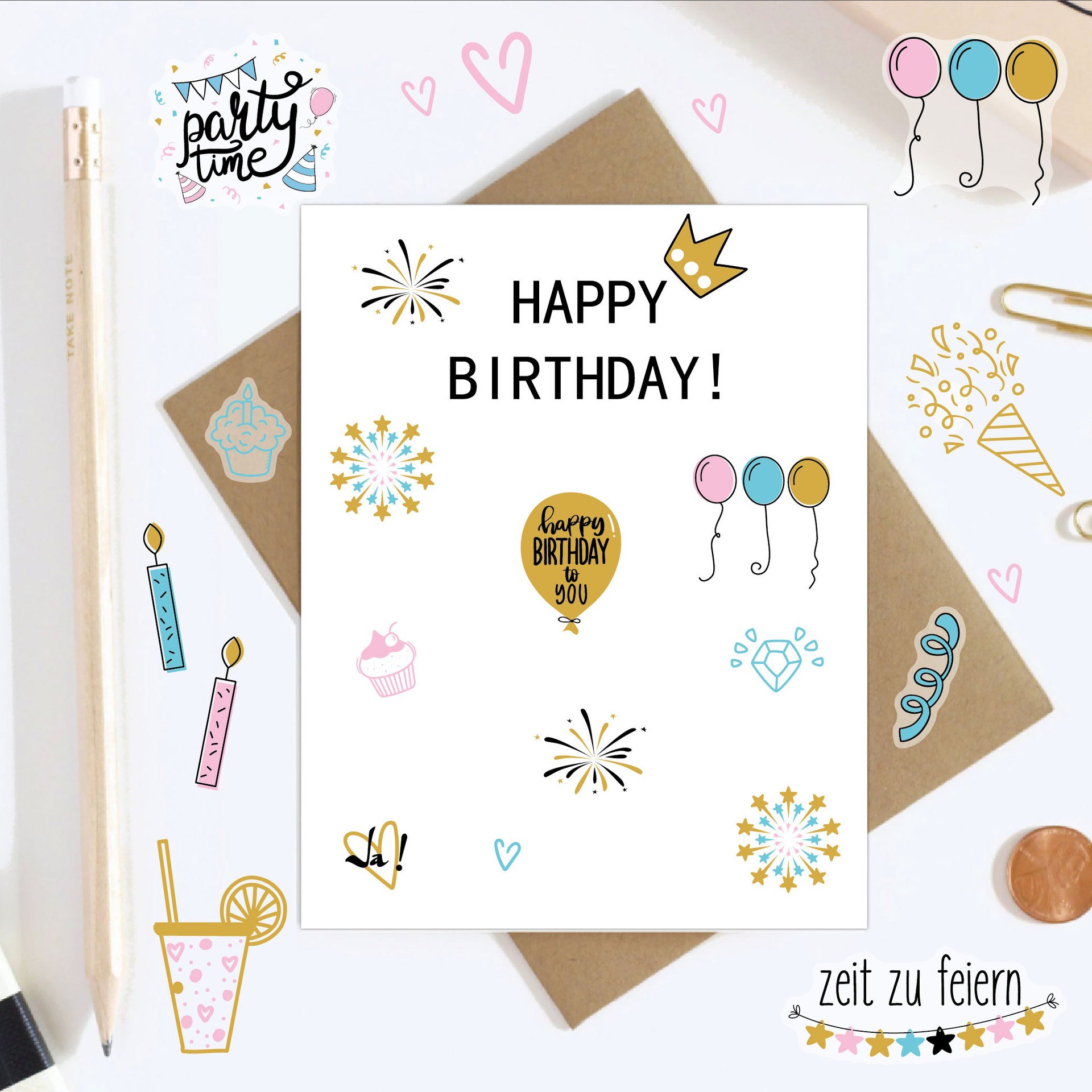 New Happy Birthday Cartoon Stickers for Party Decorations Scrapbook Planning Water Pressure Sensitive Single Sided Adhesive