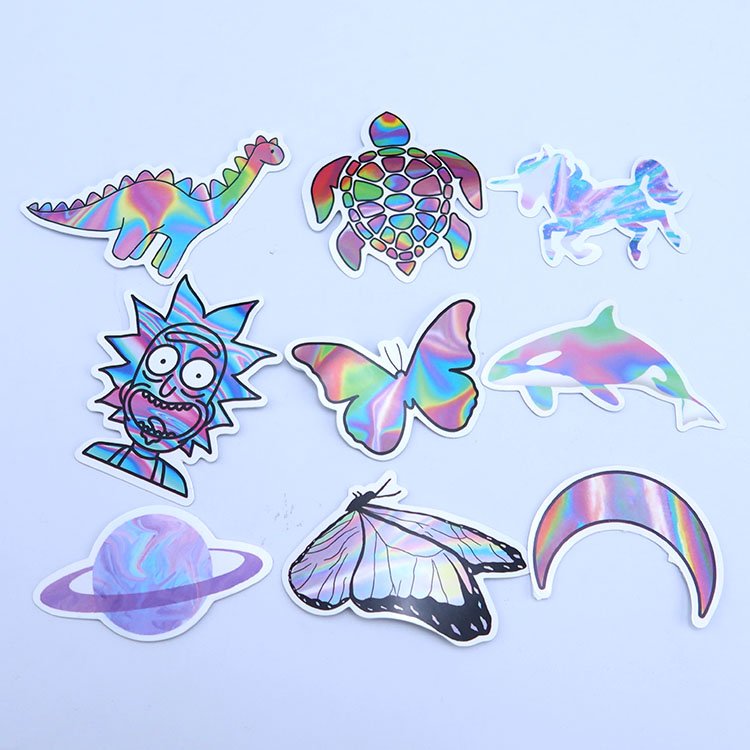Custom Waterproof Printing Logo PVC Label Shiny Die Cut Reflective Rainbow Glitter Hologram Holographic Vinyl Cartoon Sticker