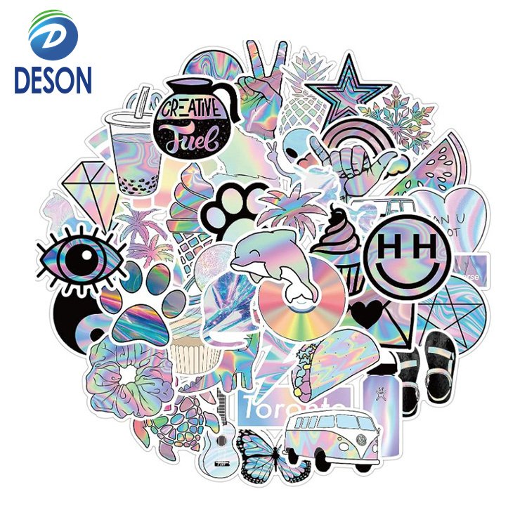 Deson Die Cut Self Adhesive Waterproof Colourful Rainbow Reflective Glitter PVC Laser Silver Gold Holographic Stickers