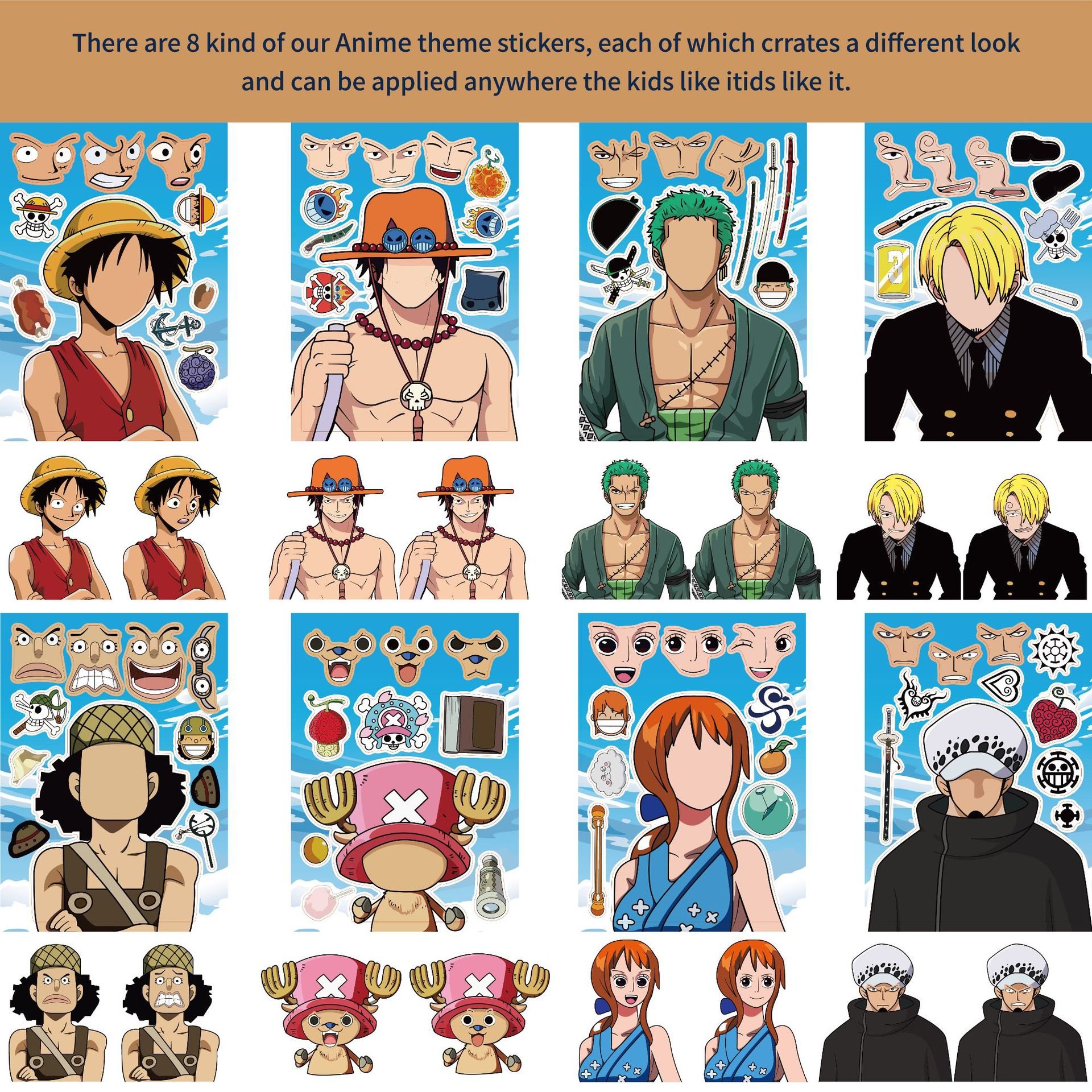 16PCS/SET Wholesale 1 Piece Luffy Zoro Chopper Nami Boa Sanji Law Sabo Cartoon DIY Decorative Anime Sticker