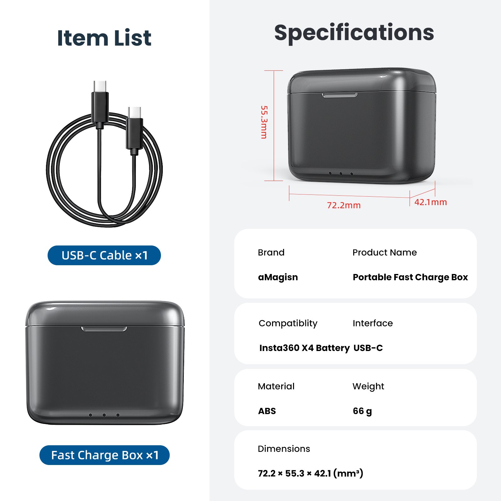aMagisn Fast Charge Box for Insta360 X4 Battery Storage Box Portable Smart Fast Charging Box Accessories for X4 Action Camera