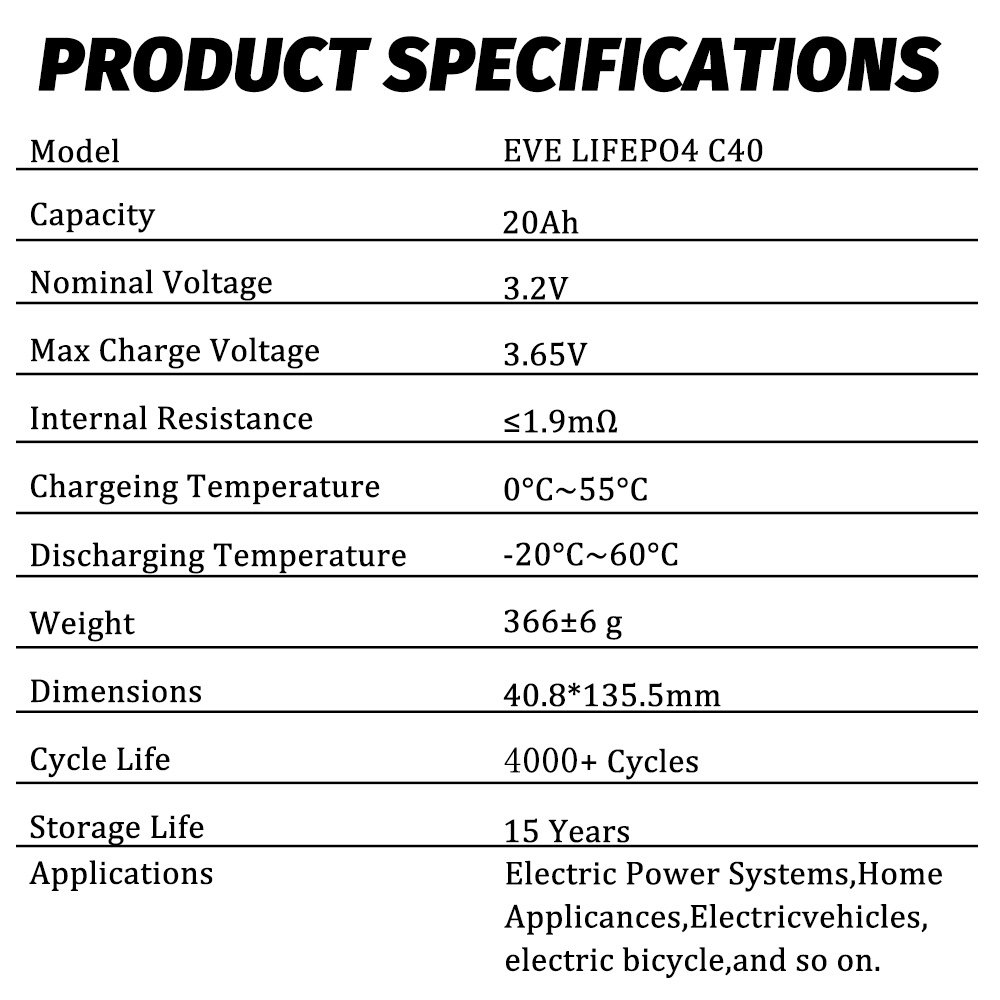 Brand New EVE C40 LiFePO4 3.2V 20A Rechargeable Cylindrical LFP Battery Cells For DIY 12V 24V 48V Pack Solar Energy Storage