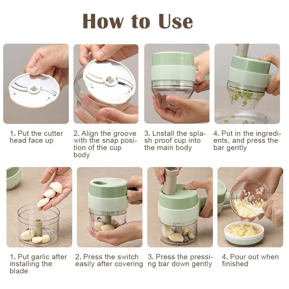 4 in1 Portable Electric Vegetable Cutter Set Mini Food Slicer and Chopper for Kitchen Multifunctional Wireless Electric Grinder