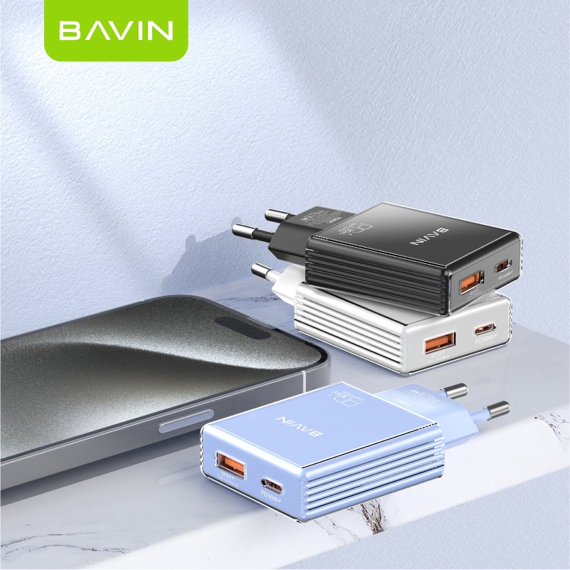 BAVIN custom PC2016Y qc3.0 pd 30w type c usb a dual usb wall mobile phone fast charging charger