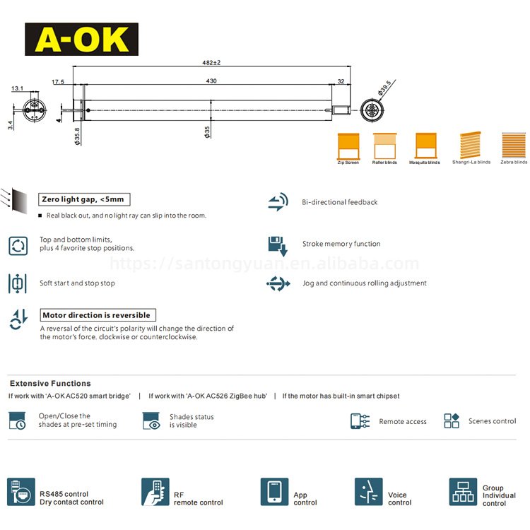A-OK AM35-6/28-MEL-ZG Zero Gap Factory Price Motorized Roller Blinds Shutter 35mm A-OK Tubular Motor