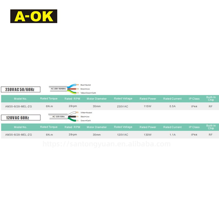 A-OK AM35-6/28-MEL-ZG Zero Gap Factory Price Motorized Roller Blinds Shutter 35mm A-OK Tubular Motor