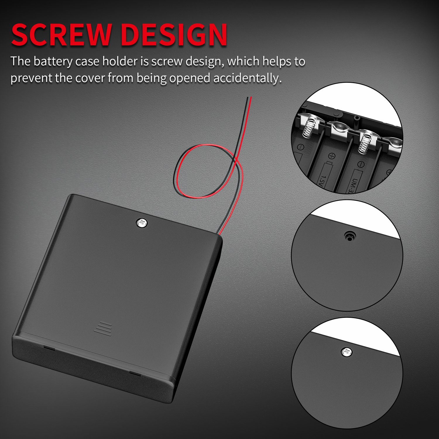 AA Battery Case Holder ABS Plastic Black Housing 4AA Battery Holder With Cover and ON-OFF Switch Wire Leads for 4AA Battery