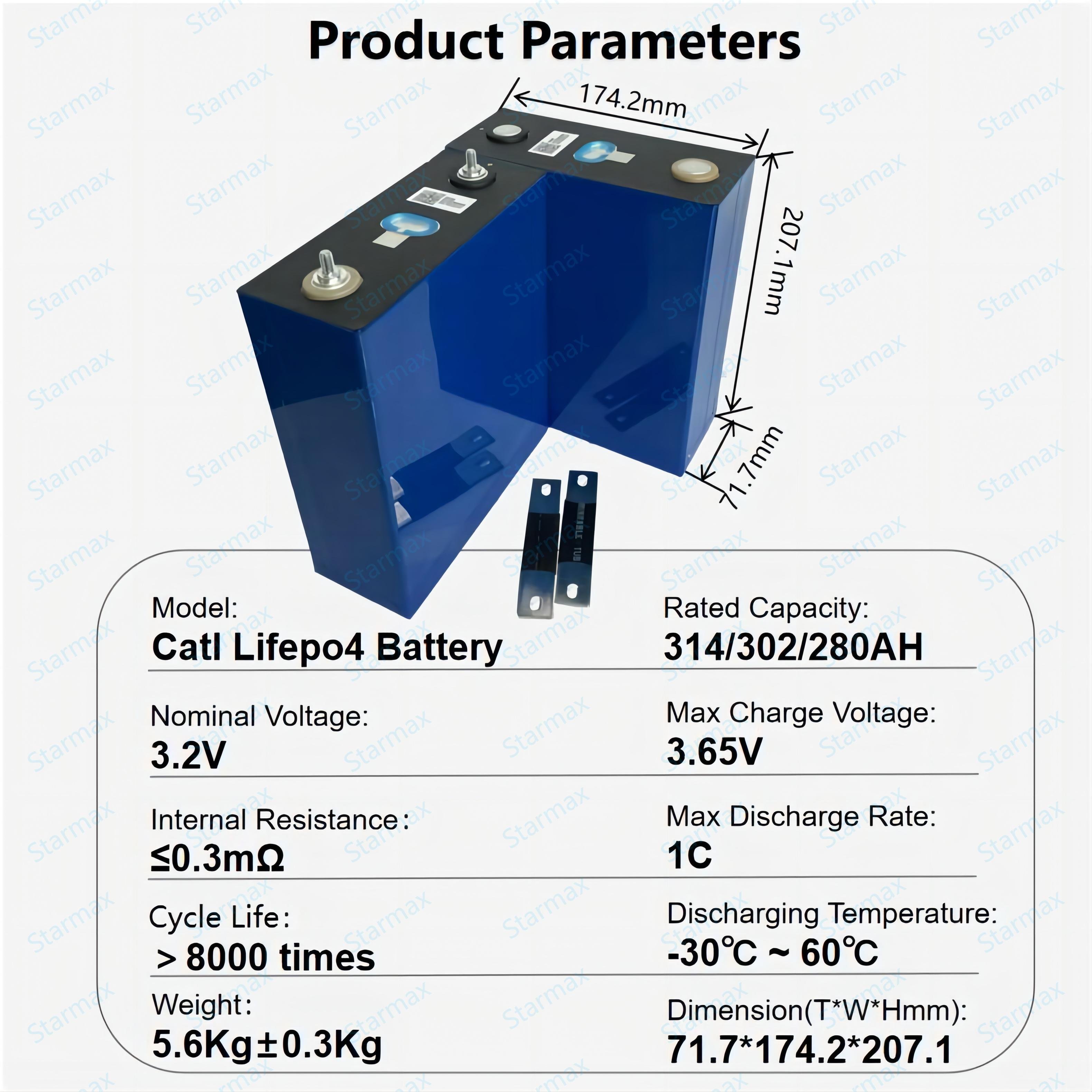 Starmax Catl 3.2V 300Ah 280Ah 204Ah 100Ah Lifepo4 Battery Cell 400Ah 72V Lithium Akku Lifepo4 Battery Pack Energy Storage System