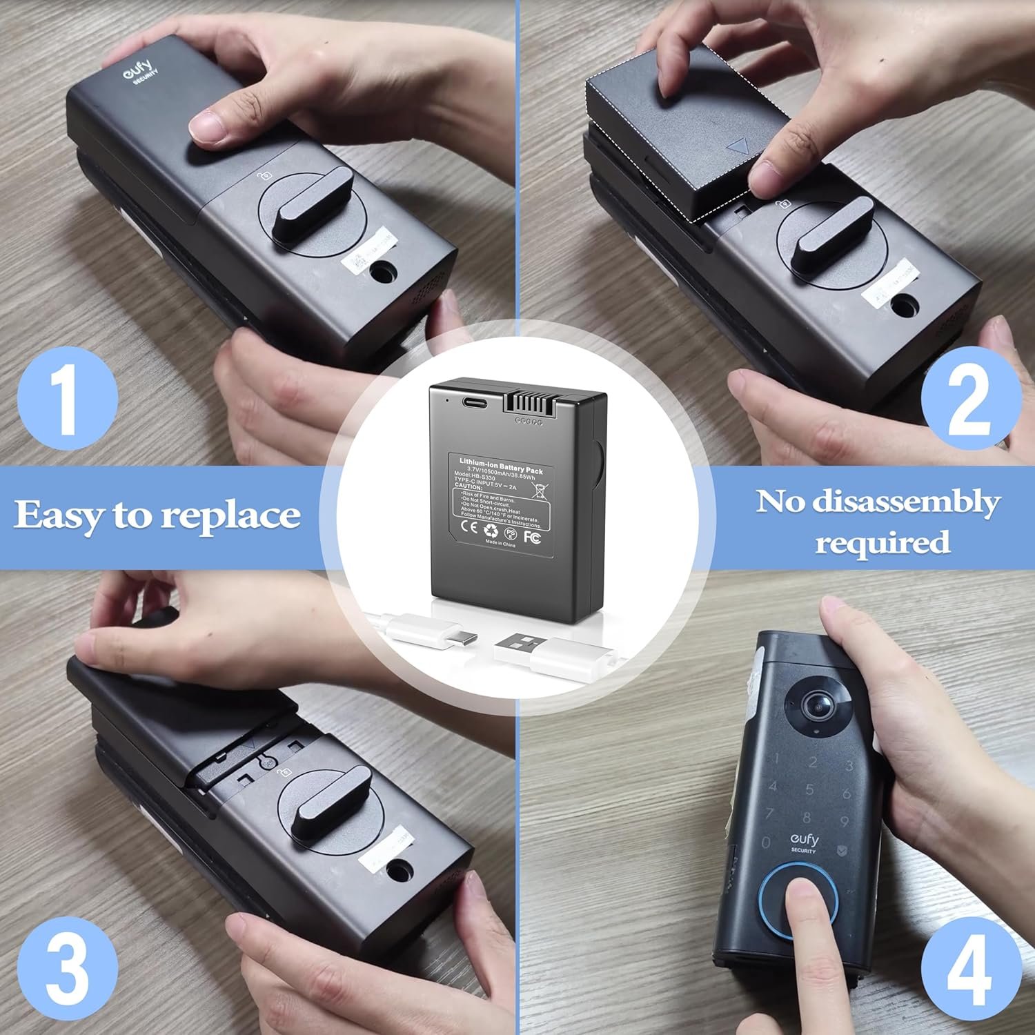 with10000mAh video smart lock three in one camera doorbell fingerprint entry-level lock rechargeable A Replace the batteries