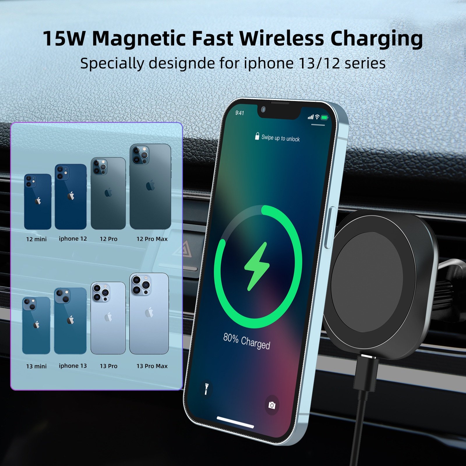 Private model magnetic suction car wireless charging bracket for 13magsafe fast strong