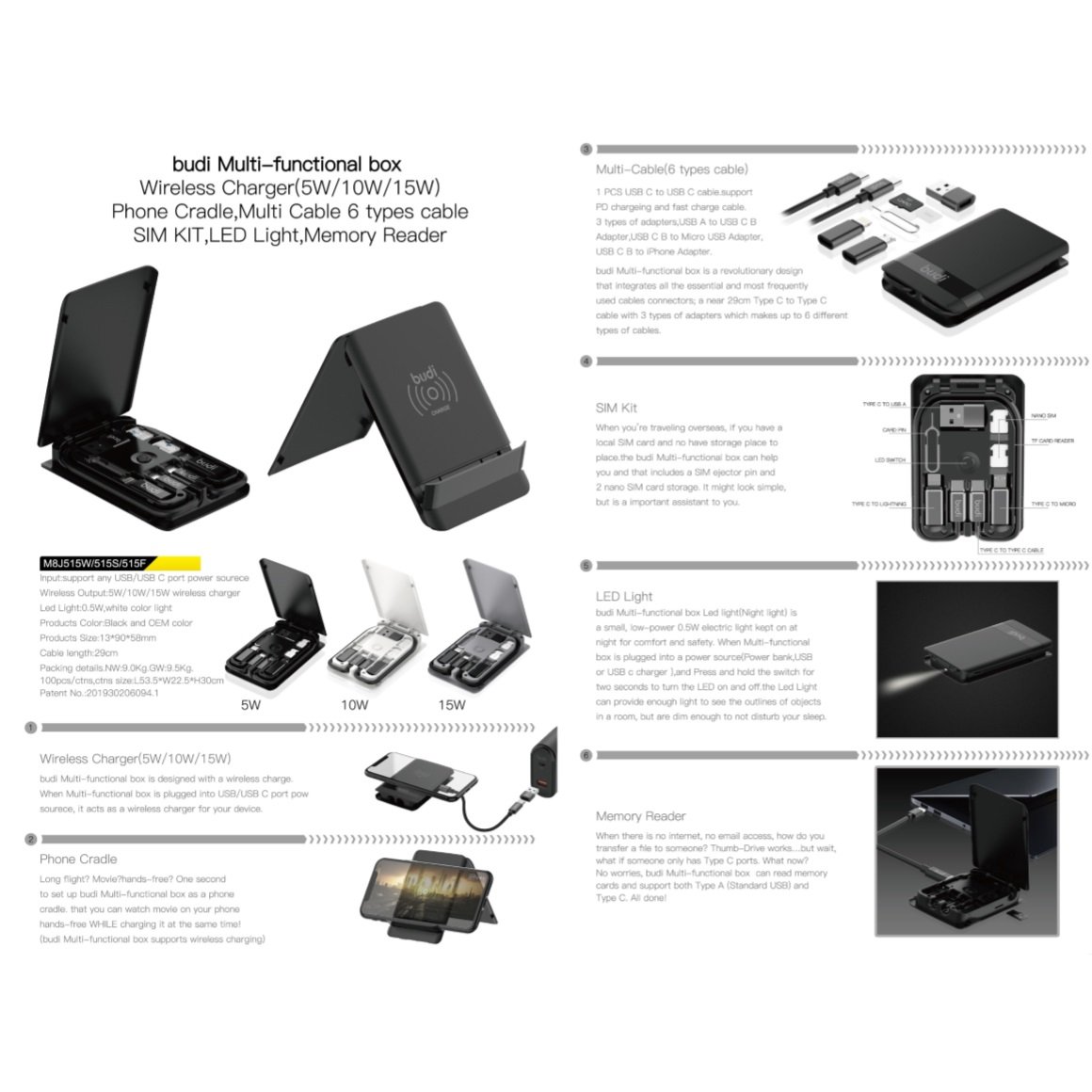 oem new mobile phone accessories and gadgets budi 15W wireless charger with type-c to type-c usb data cables for phone charging