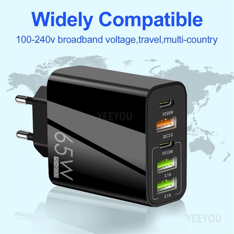 PD 65W USB Type C Charger Quick Charge 3.0 UK EU US Plug 5 Port Wall Fast PD Charging Adapter For iPhone Huawei Samsung Xiaomi