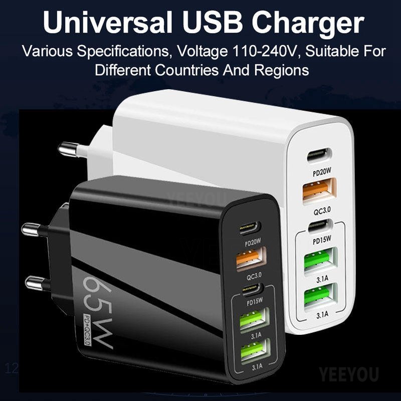 PD 65W USB Type C Charger Quick Charge 3.0 UK EU US Plug 5 Port Wall Fast PD Charging Adapter For iPhone Huawei Samsung Xiaomi