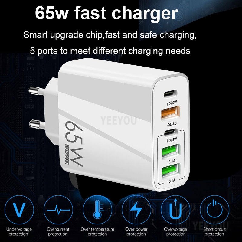 PD 65W USB Type C Charger Quick Charge 3.0 UK EU US Plug 5 Port Wall Fast PD Charging Adapter For iPhone Huawei Samsung Xiaomi