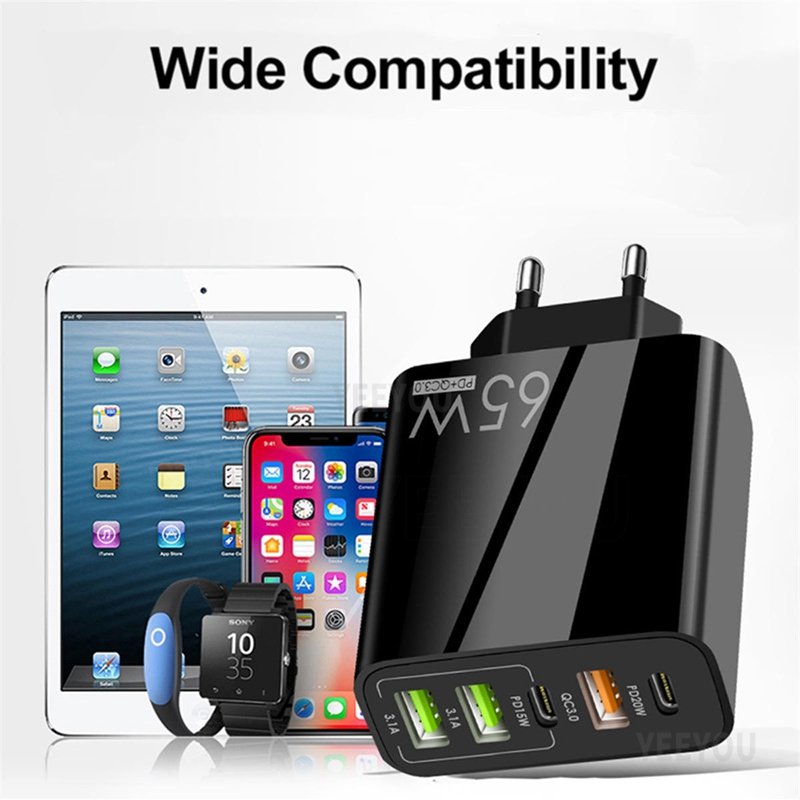 PD 65W USB Type C Charger Quick Charge 3.0 UK EU US Plug 5 Port Wall Fast PD Charging Adapter For iPhone Huawei Samsung Xiaomi
