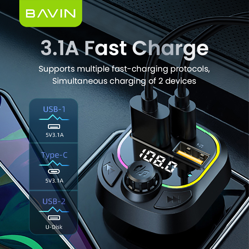 BAVIN PC2013 5V 3.1A voltage display multi-function RGB light car MP3 player usb car charger