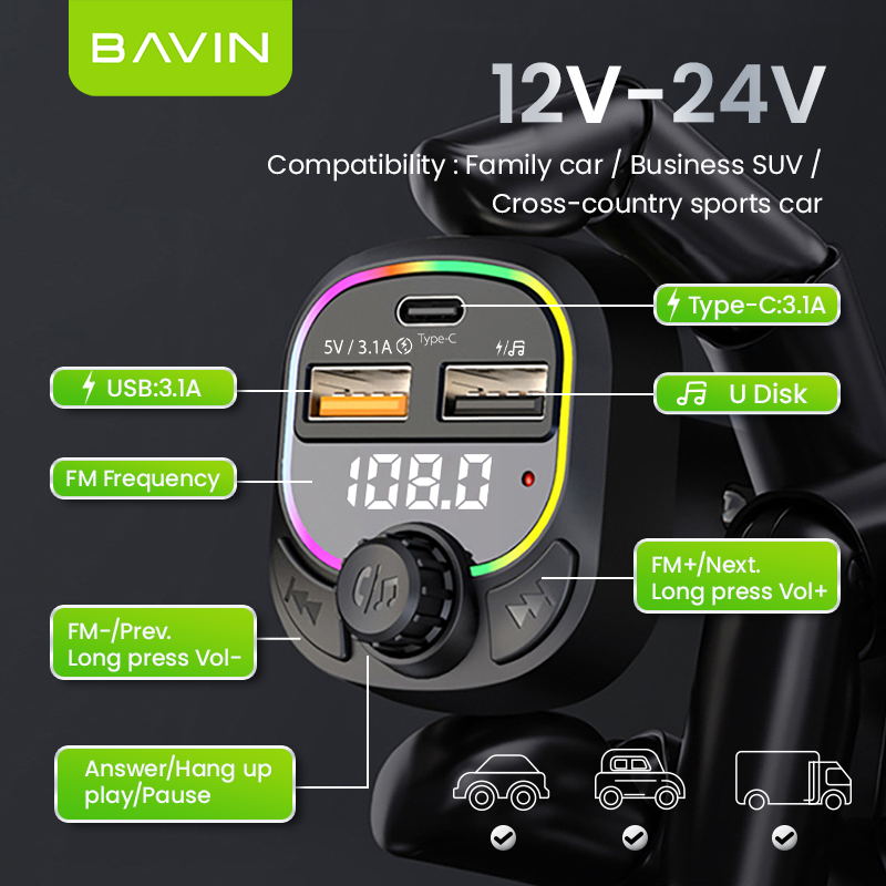 BAVIN PC2013 5V 3.1A voltage display multi-function RGB light car MP3 player usb car charger