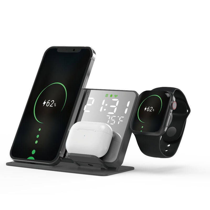 OEM Three in One QI Wireless Charger Mobile Phone Accessories Alarm Clock Charging Holder Dock with Digital LED Clock