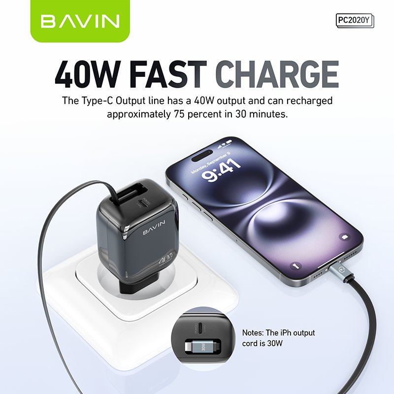BAVIN factory 2024 new PC2020Y eu us PD 40W retractable 70cm usb c wall charger for cell phone