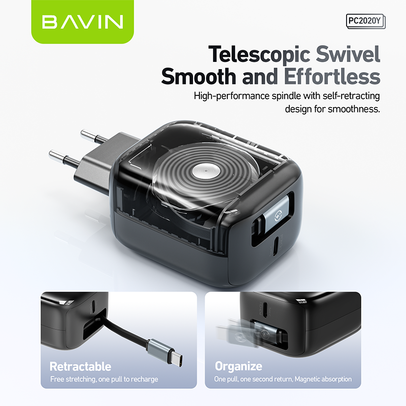BAVIN factory 2024 new PC2020Y eu us PD 40W retractable 70cm usb c wall charger for cell phone