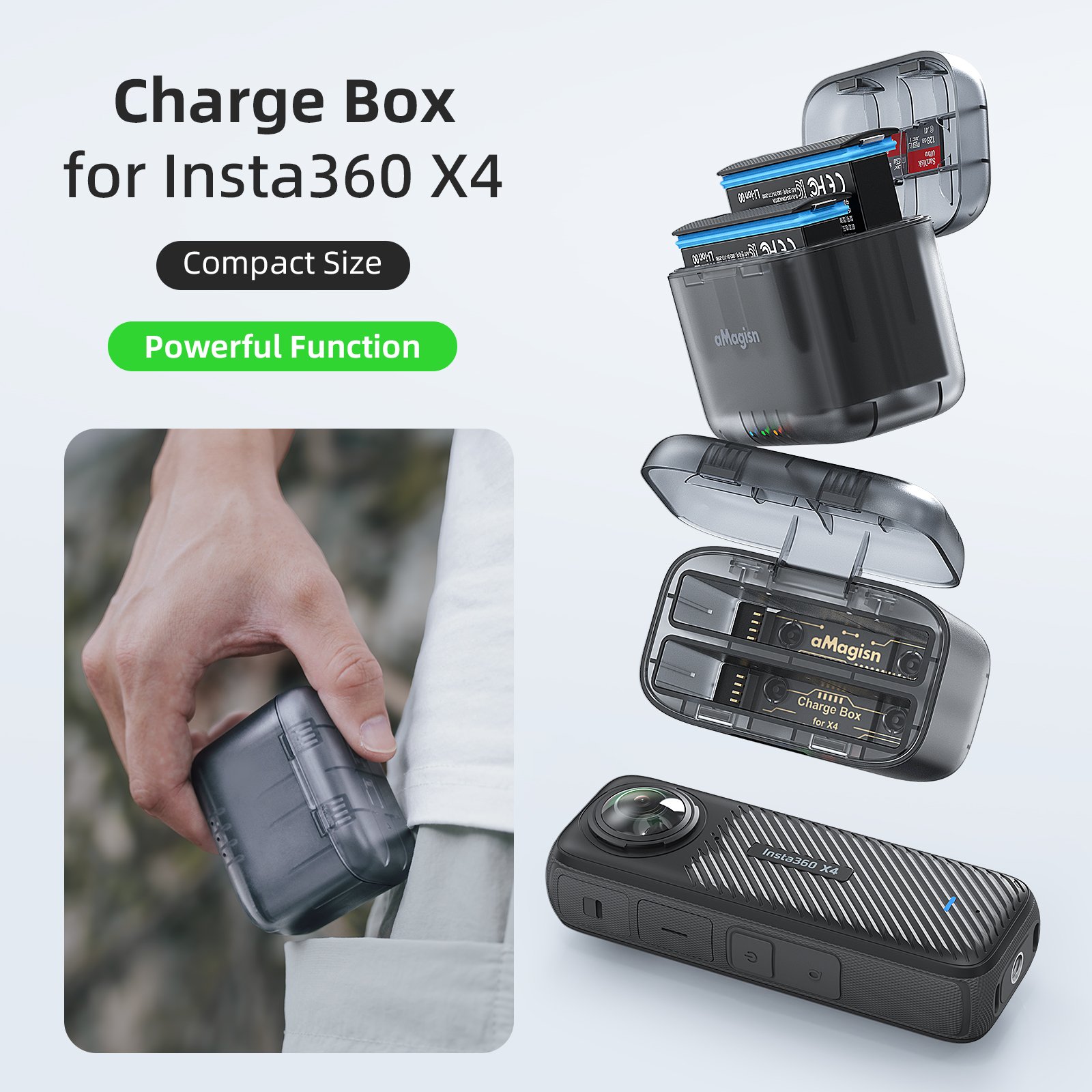 aMagisn New Charger Box for Insta360 X4 Portable Battery & Memory Card Storage Box Charging Hub Accessories for X4 Action Camera