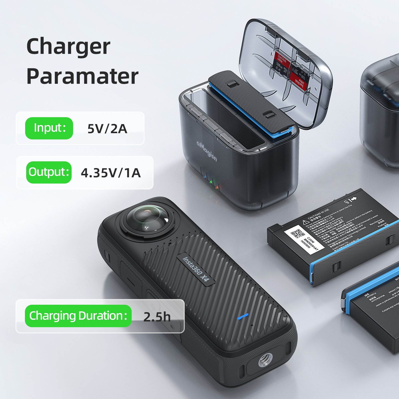 aMagisn New Charger Box for Insta360 X4 Portable Battery & Memory Card Storage Box Charging Hub Accessories for X4 Action Camera
