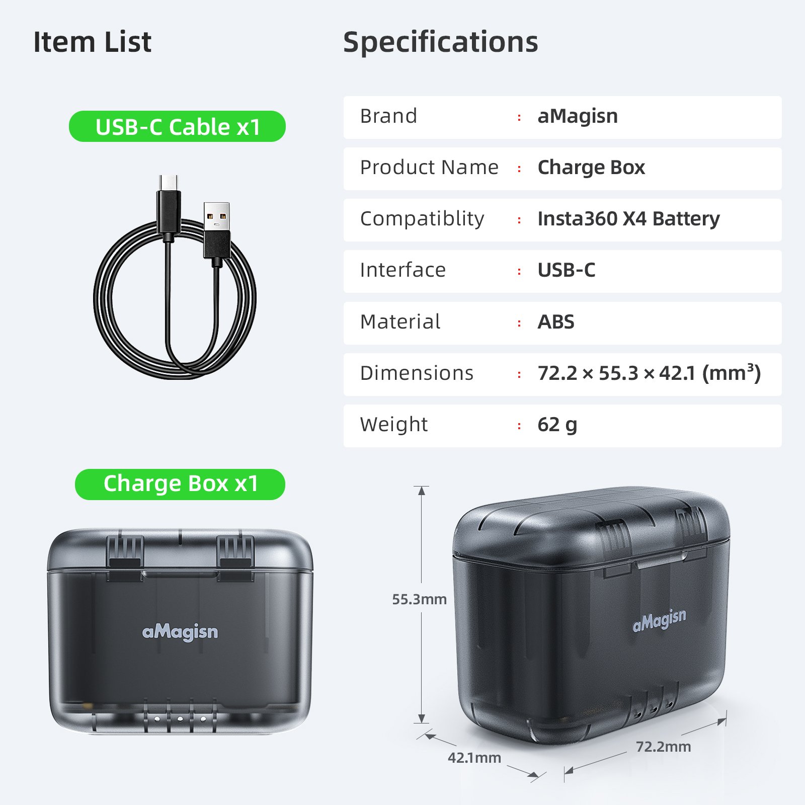 aMagisn New Charger Box for Insta360 X4 Portable Battery & Memory Card Storage Box Charging Hub Accessories for X4 Action Camera