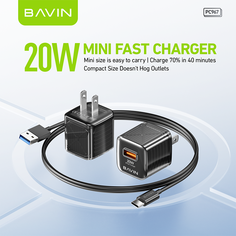 BAVIN PC967 wholesale space saving EU US UK QC3.0 20w fast charging mobile phone charger with cable