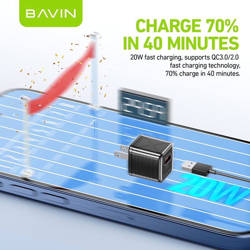 BAVIN PC967 wholesale space saving EU US UK QC3.0 20w fast charging mobile phone charger with cable