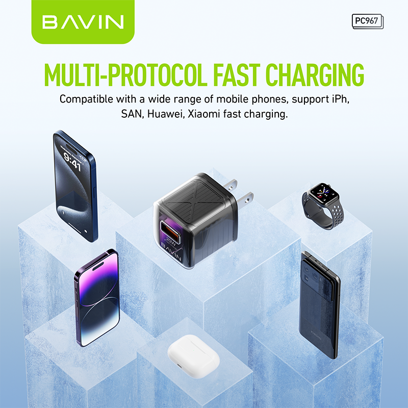 BAVIN PC967 wholesale space saving EU US UK QC3.0 20w fast charging mobile phone charger with cable
