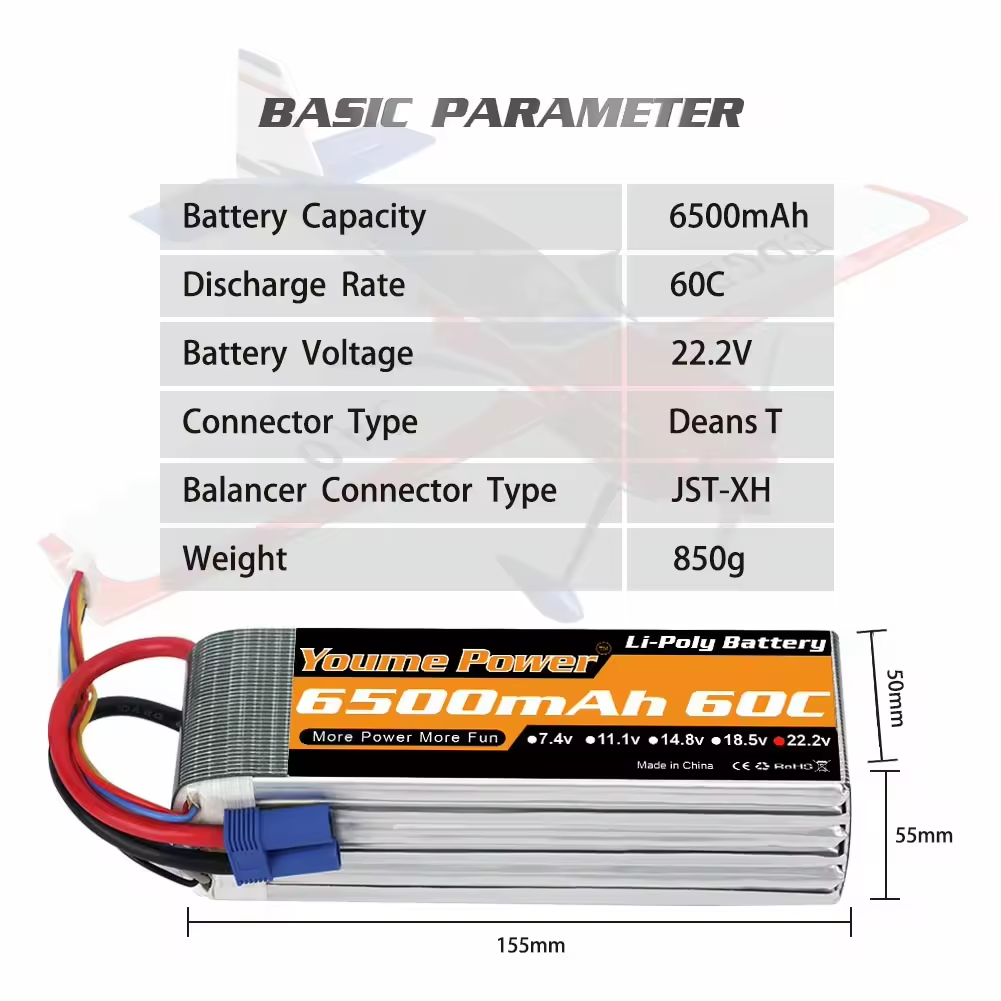 2024 Youme drone battery 6500mah 2~6s 7.4v 11.1v 14.8v 22.2v with T/XT60/TRX/XT90/EC5 plugs for fpv drone accessories
