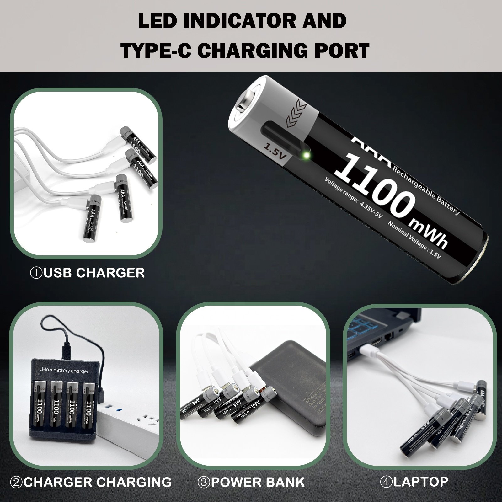 Logo Custom Oem Home Portable Small 1100mWH Type-C USB Rechargeable AAA Lithium Ion Battery