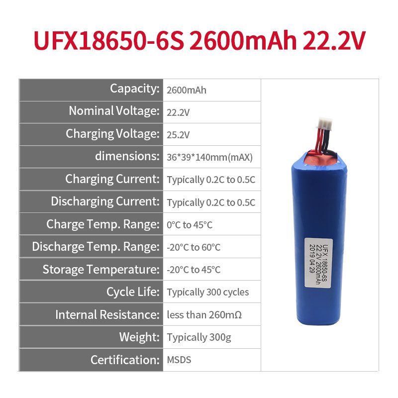 High Discharge Rate Rechargeable 18650 Lithium Ion Battery UFX 18650 2600mAh 6S Li-Ion Battery Pack 22.2V 24V For Electric Bike