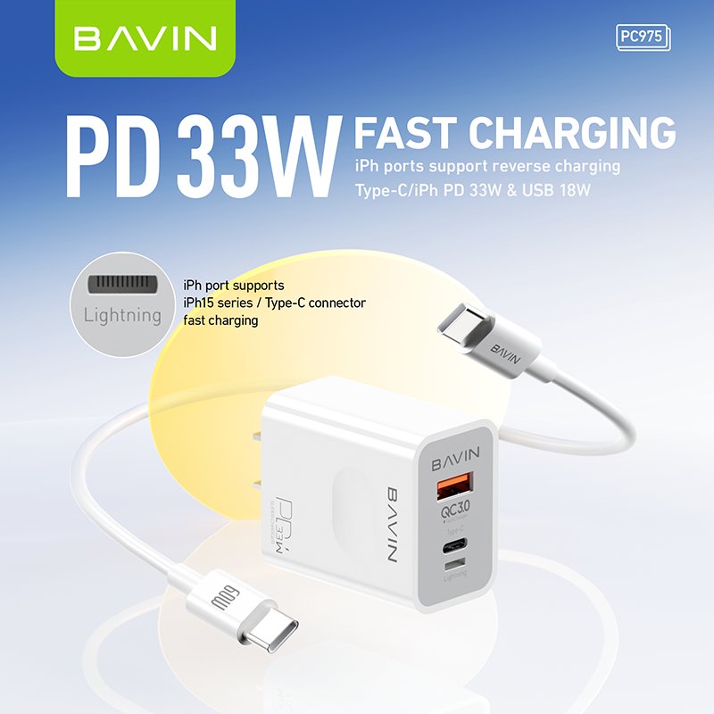 BAVIN wholesale custom PC975 EU US UK QC3.0 PD 33w usb c wall mobile phone fast charging charger