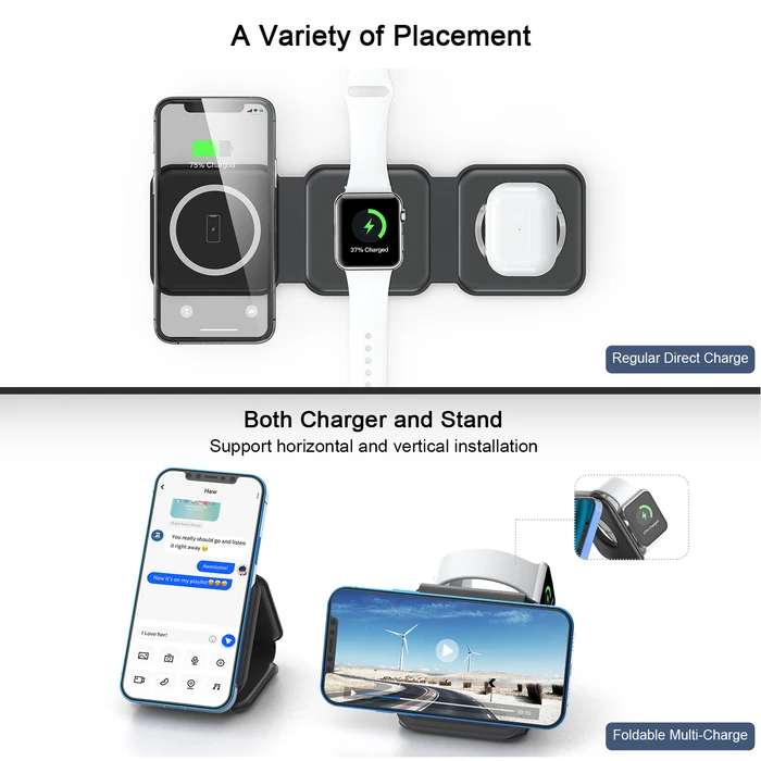 3 In 1 Electronic Accessories Foldable Wireless Multiple Magnetic Charging for Smart Watch Charger