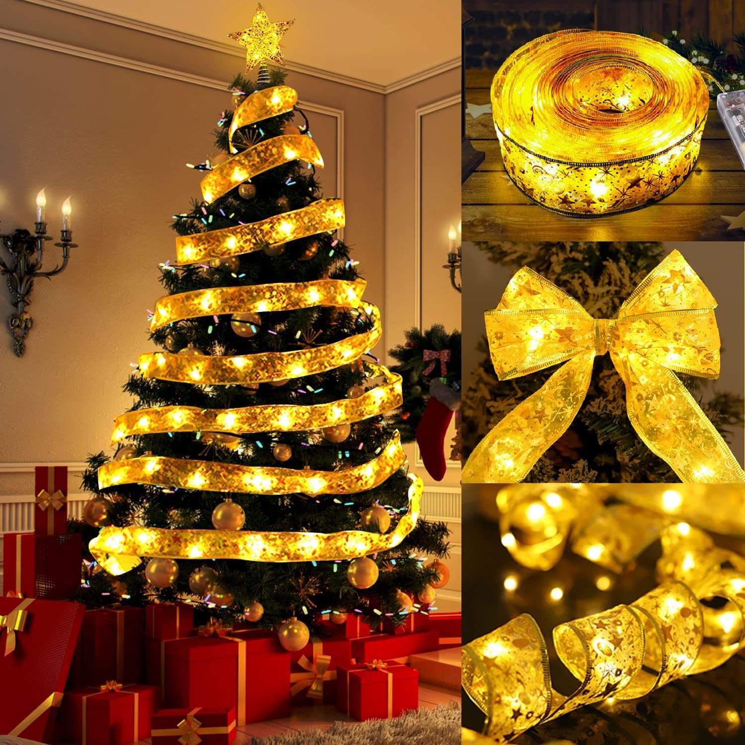10M Christmas Ribbon with Lights Christmas Tree Accessories Battery Operated Indoor String Lights Decoration for Gift Box