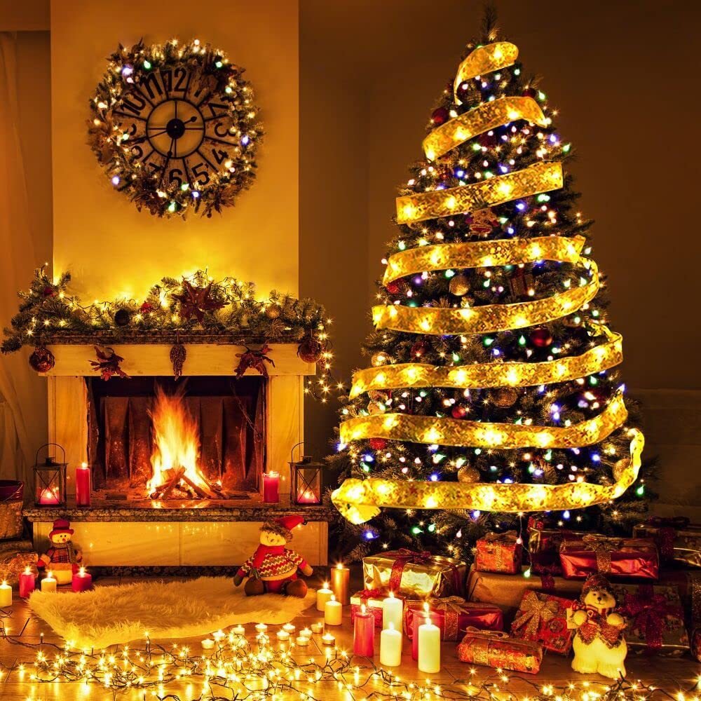 10M Christmas Ribbon with Lights Christmas Tree Accessories Battery Operated Indoor String Lights Decoration for Gift Box