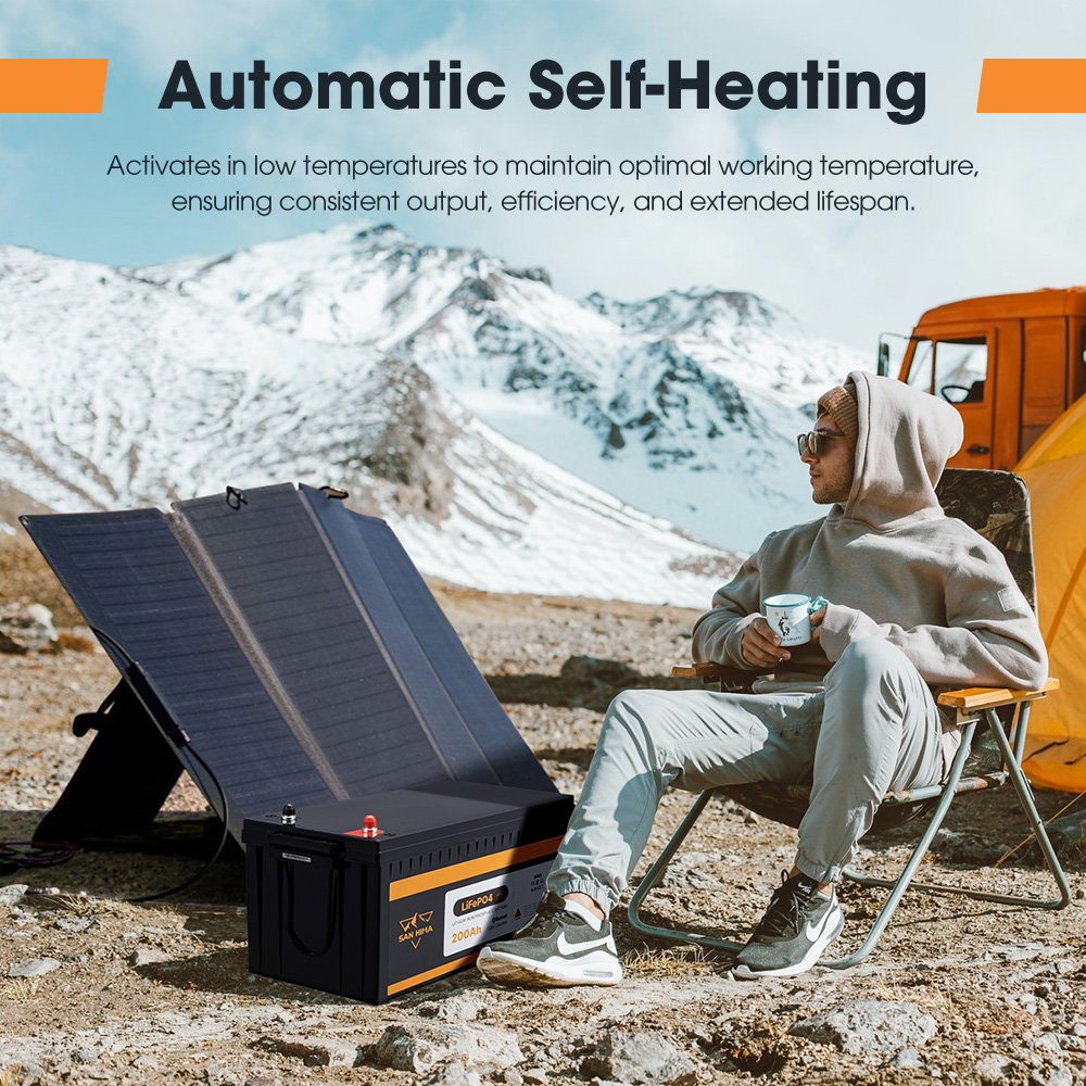 SAN HIMA Automatic Self-heating Blue-tooth Wireless Control 12V 200Ah LiFePO4 Lithium Iron Battery With Fire-Resistant Housing