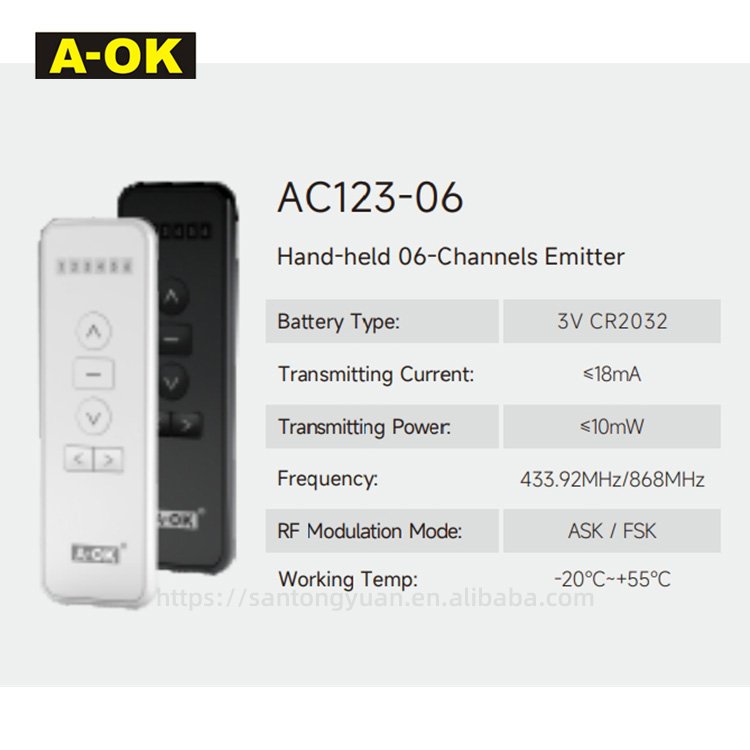 AC123 1 2 6 16 Electric Curtain Tubular motor remote control hand held AOK RF 433.92 A-OK wireless emitter accessories