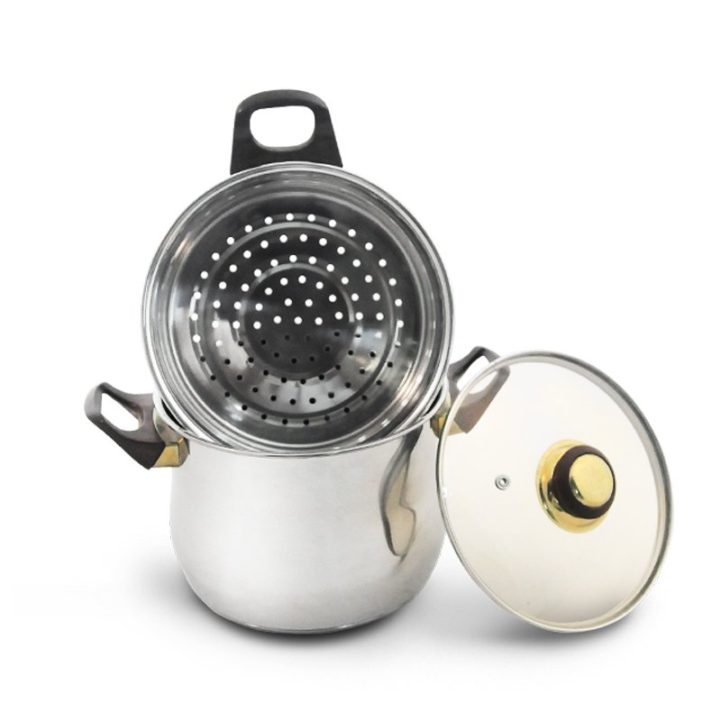 2 Tier Stainless Steel Steamer Pot Cookware Boiler with Tempered Glass Lid