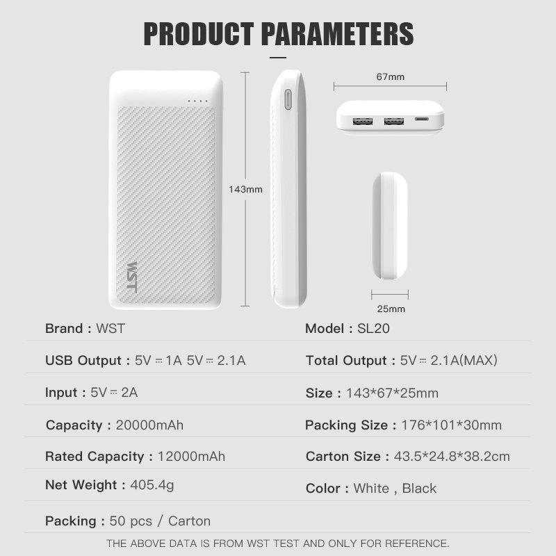 WST Power bank 20000mah Hot Trend Power Bank Cellphone Accessories USB Carbon Fiber Pattern Power Bank 20000mah