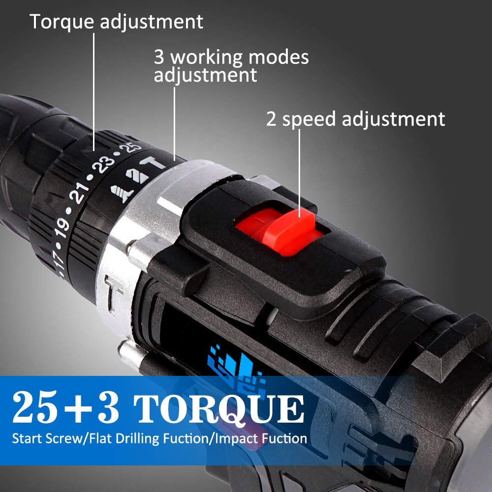 3 in 1 Cordless High Quality Electric impact Drill screwdriver 25+3 Torque Suit DIY Household Electric tool