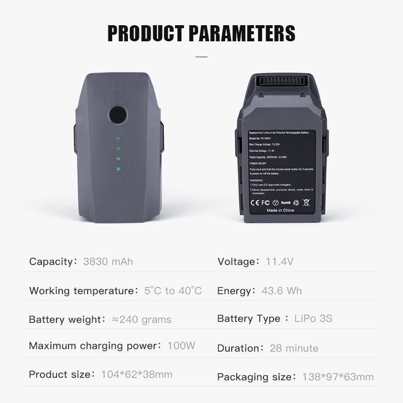 WST Drone battery flight battery 11.4V 3830mAh 43.6Wh li-polymer mini replacement original drone battery packs for dji mavic pro