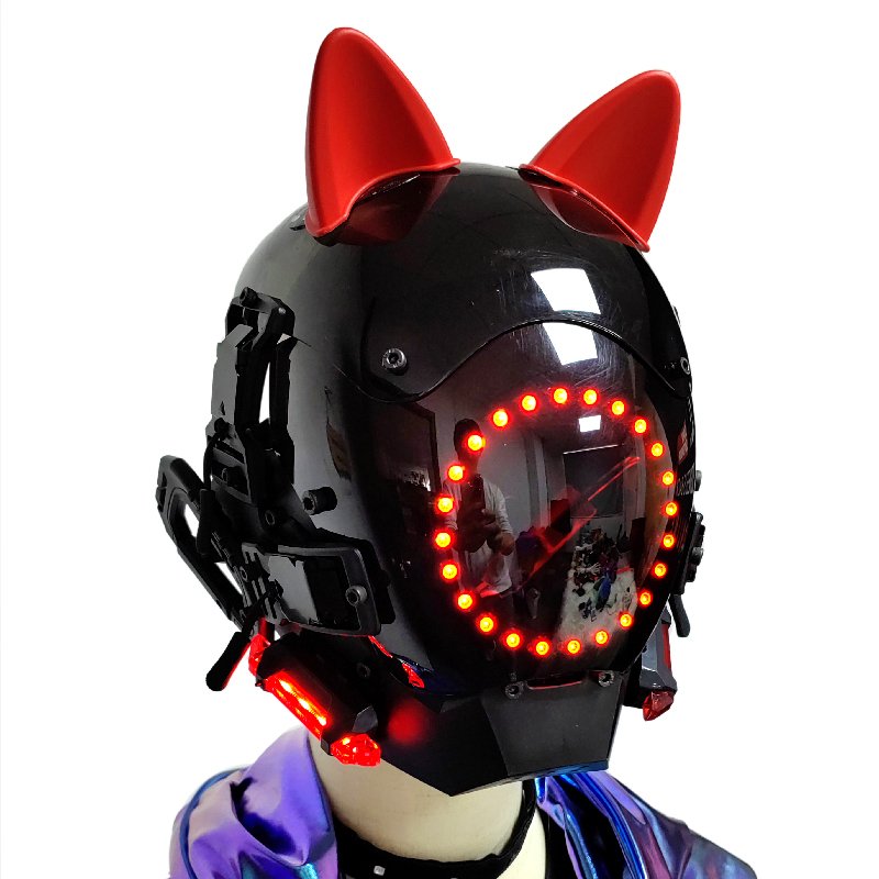 Red Cat Ears Cyberpunk Mask Full Face Cosplay LED Lights Cyberpunk Mask Helmet Cosplay Futuristic Costume Accessories for Women