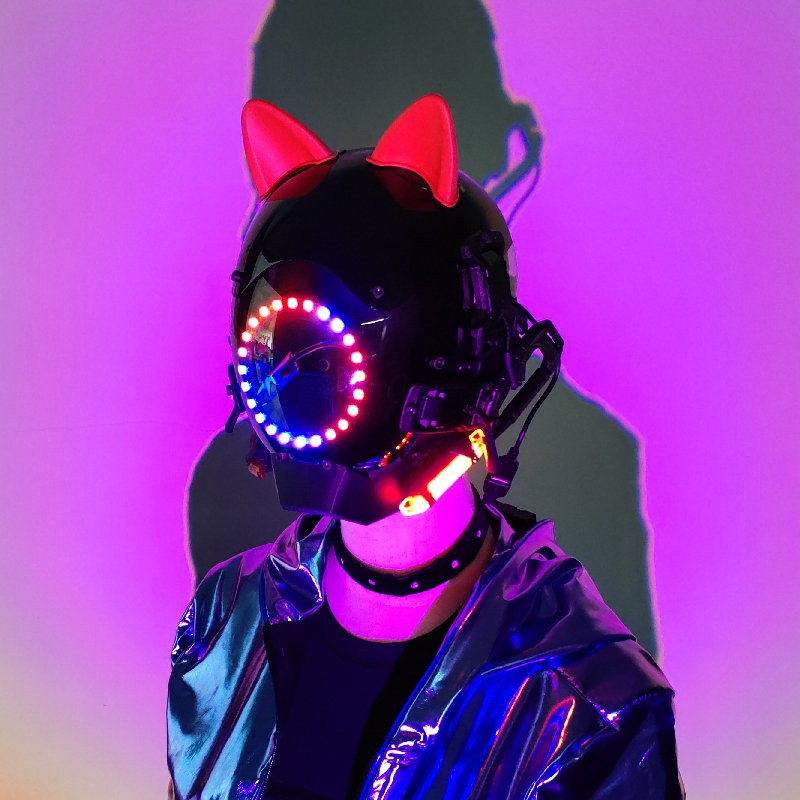 Red Cat Ears Cyberpunk Mask Full Face Cosplay LED Lights Cyberpunk Mask Helmet Cosplay Futuristic Costume Accessories for Women