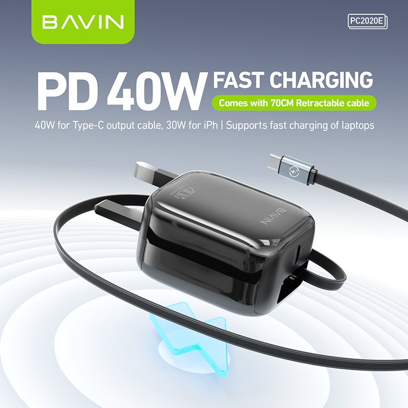 BAVIN PC2020E plug eu uk us PD 40W fast charging retractable 70cm usb c wall charger with type c cable