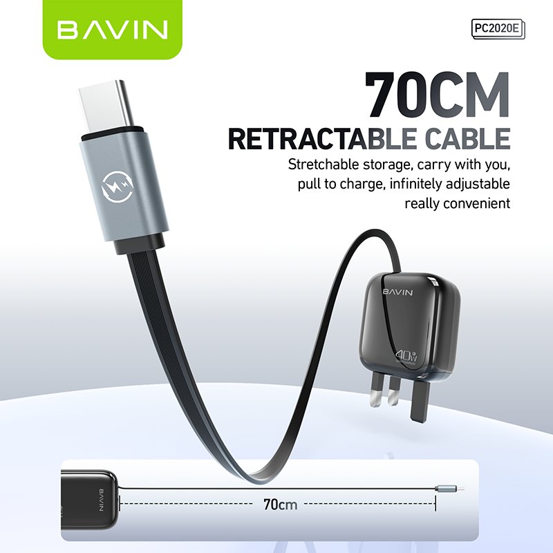 BAVIN PC2020E plug eu uk us PD 40W fast charging retractable 70cm usb c wall charger with type c cable