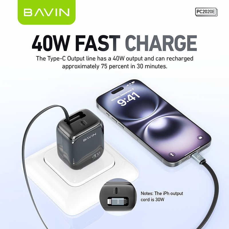 BAVIN PC2020E plug eu uk us PD 40W fast charging retractable 70cm usb c wall charger with type c cable