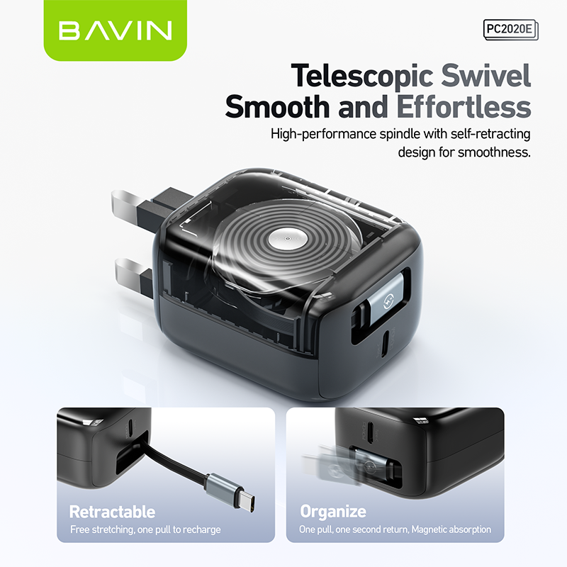 BAVIN PC2020E plug eu uk us PD 40W fast charging retractable 70cm usb c wall charger with type c cable